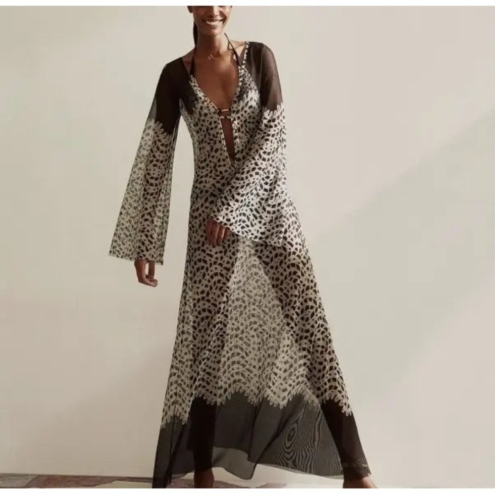 NWT Caroline Constas Maxi Dress Brown Abstract Mesh Long Sleeve Cover Up L